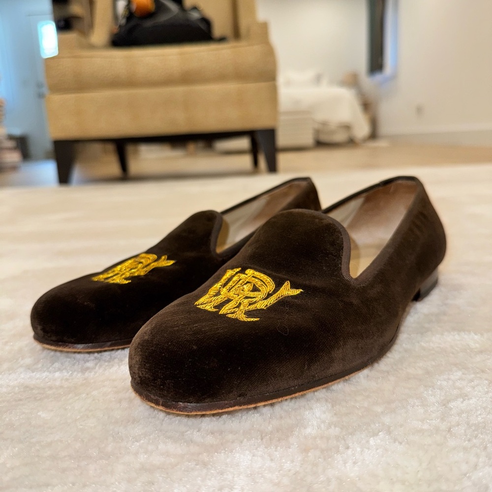 Stubbs & Wootton Dark Brown Velvet Loafers with Gold Monogram